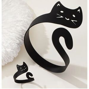 BLACK CAT Cuff Bracelet & Ring Set Adjustable Metal